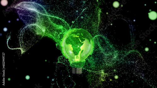 Earth globe light bulb. Scattering luminous particles. Green energy, renewable resources, planetary ecology protection, sustainable development.