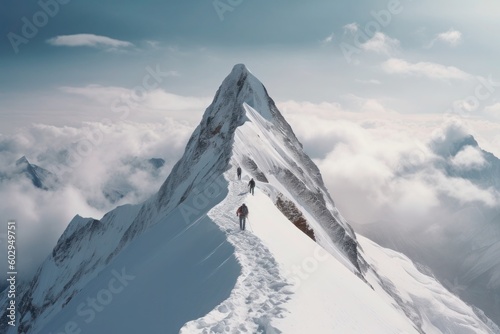 A group of adventurous individuals hiking on a snowy mountain, traversing the breathtaking landscapes and conquering the challenges of nature. Generative AI © Kishore Newton