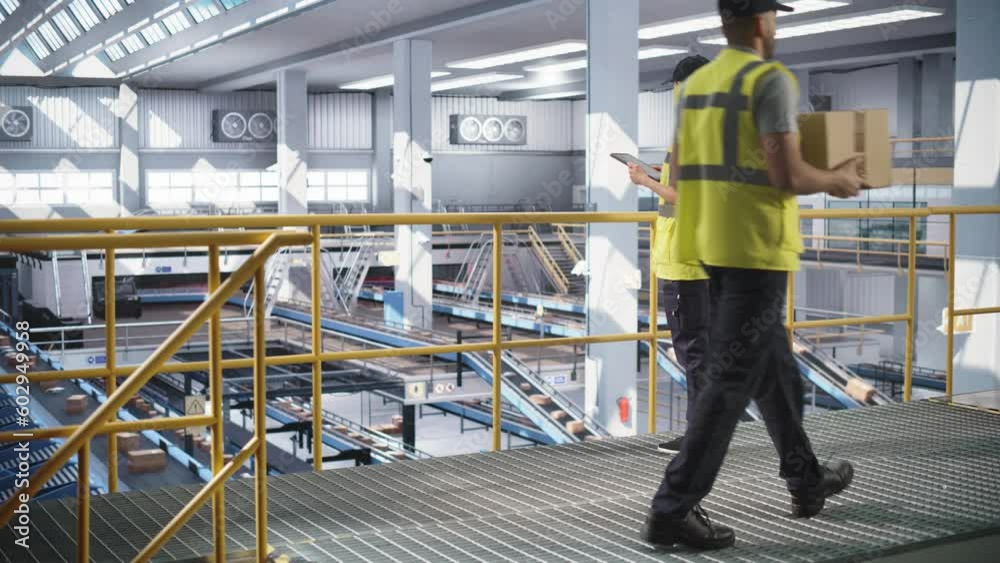 Employees Working at a Modern Logistics Center for an International Online Shopping Business. Female Using a Tablet Computer to Optimize the Deliveries, While Worker Passing Her with a Cardboard Box Employees Working at a Modern Logistics Center for an International Online Shopping Business. Female Using a Tablet Computer to Optimize the Deliveries, While Worker Passing Her with a Cardboard Box