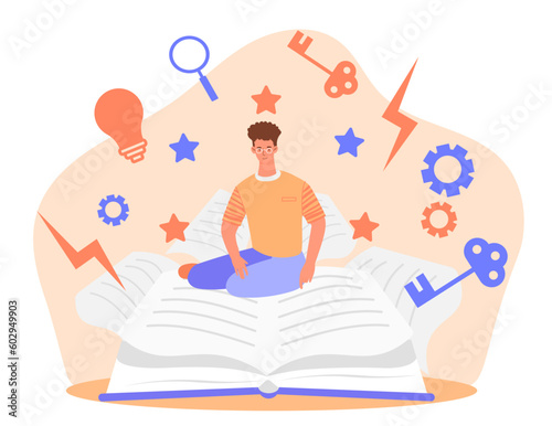 Man in book. Young guy with glasses sits on pages of textbook or fiction. Knowledge, education, learning and training. Selfdevelopment and useful hobby. Cartoon flat vector illustration