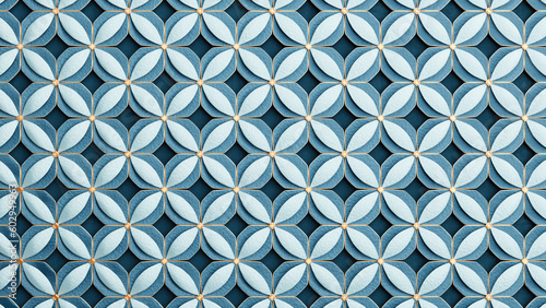 Abstract geometric beautiful pattern background. Shiny ceramic blue tiles with golden elements. 3d render illustration.