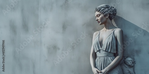 Beautiful woman statue on a light blue concrete wall, front view. Sculpture of a Greek goddess. Generative AI
