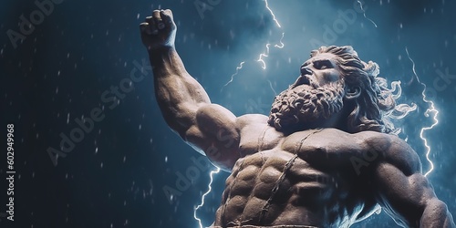 Illustration of ZEUS, god of sky and thunder. Zeus the king of the Greek gods ready to hurl lightning bolts down upon the earth and mankind. Generative AI photo