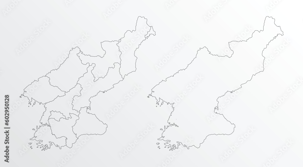 Black Outline vector Map of North Korea with regions on white background