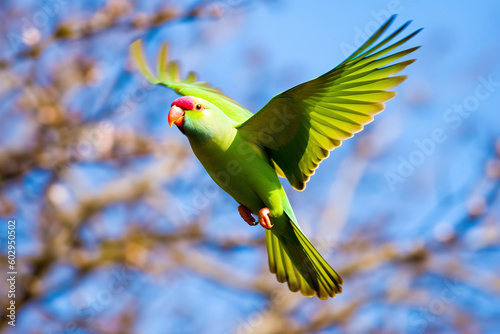 Flying big green ringed or Alexandrine parakeet (Psittacula eupatria) green forest in background.  photo