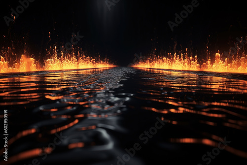 Abstract black background with wet long road on fire, blazing flames. Digital ai art
