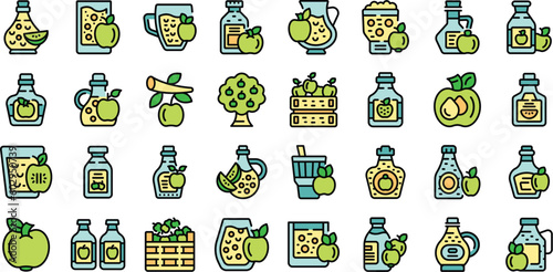 Apple cider icons set outline vector. Beer splash. Fruit drink thin line color flat on white