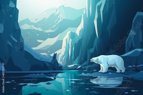 A polar bear is standing on an iceberg in a blue background. Generative AI