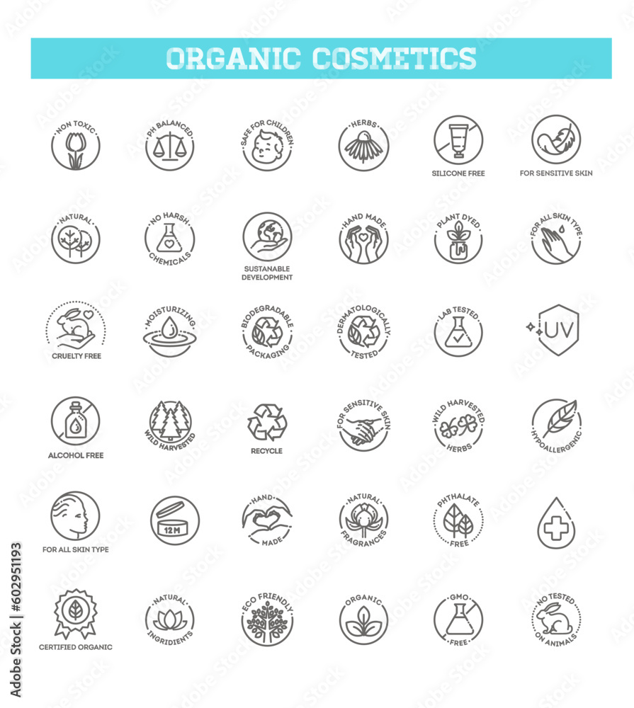 Collection of linear symbols for natural eco friendly handmade products. Organic cosmetics, vegan and vegetarian food Collection of linear symbols for natural eco friendly handmade products. Organic cosmetics, vegan and vegetarian food