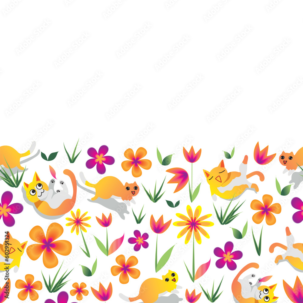 White happy cats white colorful flowers seamless vector pattern. Happy day, blooming meadow, animals pattern.