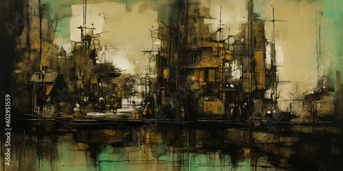 Whimsical Reverie: A Captivating Eclectic Montage of Black, Green, and Sepia Ink Oil Painting on Canvas AI generated