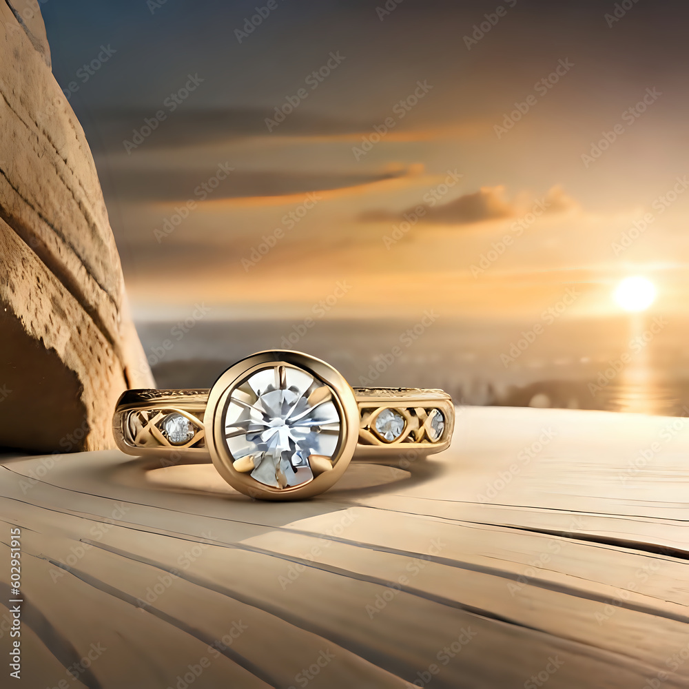Fine engagement ring combining bohemian and Greek style, 14K yellow gold, inlay of small diamonds and bohemian elements. A subtle and present ring, a realistic, image, race, wheels, desert, fast, 