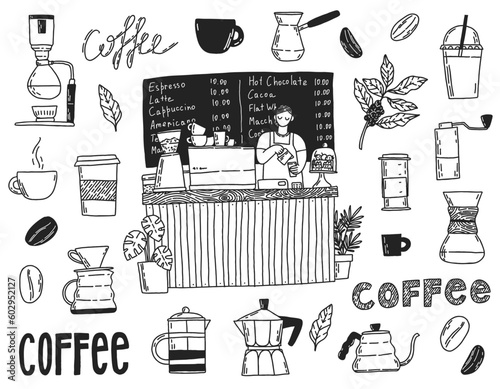 Barista girl making coffee at the counter in a coffee shop.  Vector set of different coffee shop equipments, coffee beans and branch. Hand-drawn illistrations of items for making coffee.