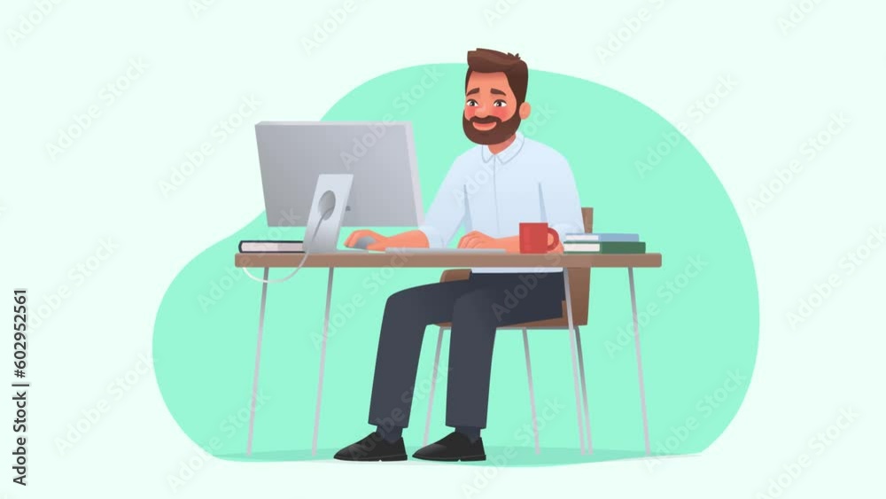 Man working at the office desk with monitor Animation 2D video Man working at the office desk with monitor Animation 2D video
