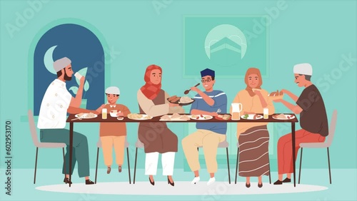Muslim Family animation eating Iftar. Happy muslim family, Ramadan Day Animated video