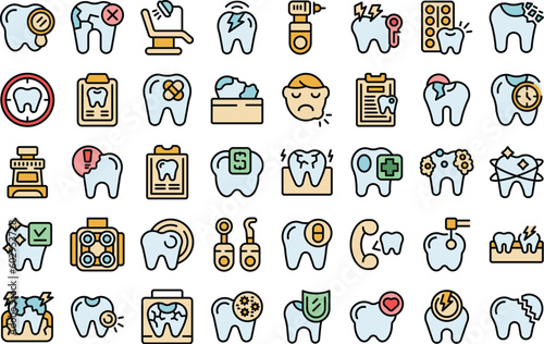 Toothache icons set outline vector. Tooth kid. Bad pain thin line color flat on white