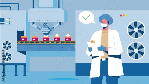 Animated Modern Cake Factory. Automatic conveyor for the production of cupcakes. Cake factory. The process of making Cup Cake with Quality Inspector 2d flat Animation