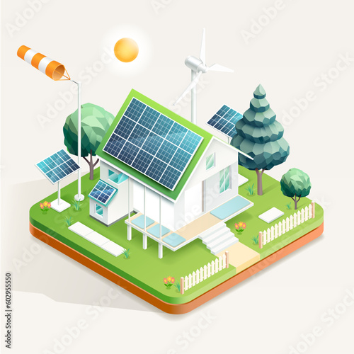 Smart home with solar panels. Isometric vector illustration
