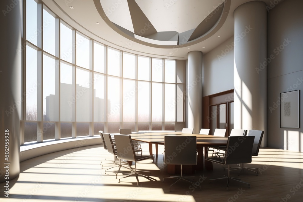 Fototapeta premium Modern interior for a meeting room or a business conference room with a rounded table and chairs. Meeting room with large windows and a nice scenery background view. Generative AI