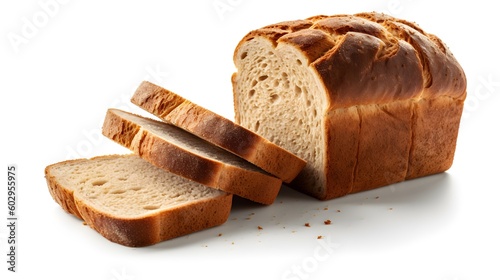Loaf of breach with a few cut slices, isolated on a white background with copy space