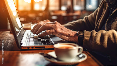 Older people use a laptop in a café. Generative AI.