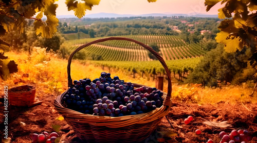 Grapes in a basket against the background of a vineyard. Generative ai.