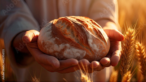 Vászonkép Hands hold bread against the background of a wheat field