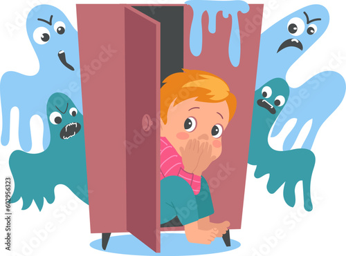 Kids fear. Frightened boy afraid of ghost. Children phobia. Phantom in cupboard. Anxiety imagination. Fearful monster. Panicked young person. Imaginary scary boogeyman. Vector concept