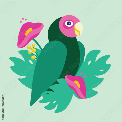 Tropical parrot with exotic leaves and flowers. Isolated vector.