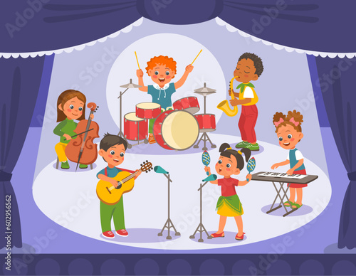 Kids orchestra concert. Cute young musicians on stage. Children sing and play instrumental compositions. Acoustic ensemble. Musical festival. Music performance. Splendid vector concept