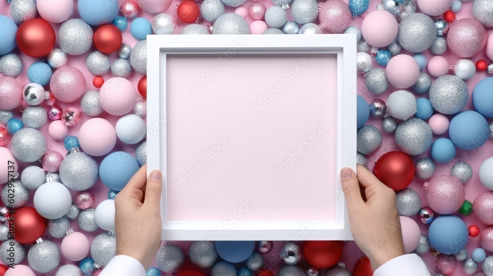hands hold a frame against the background of christmas balls, winter, christmas, place for text