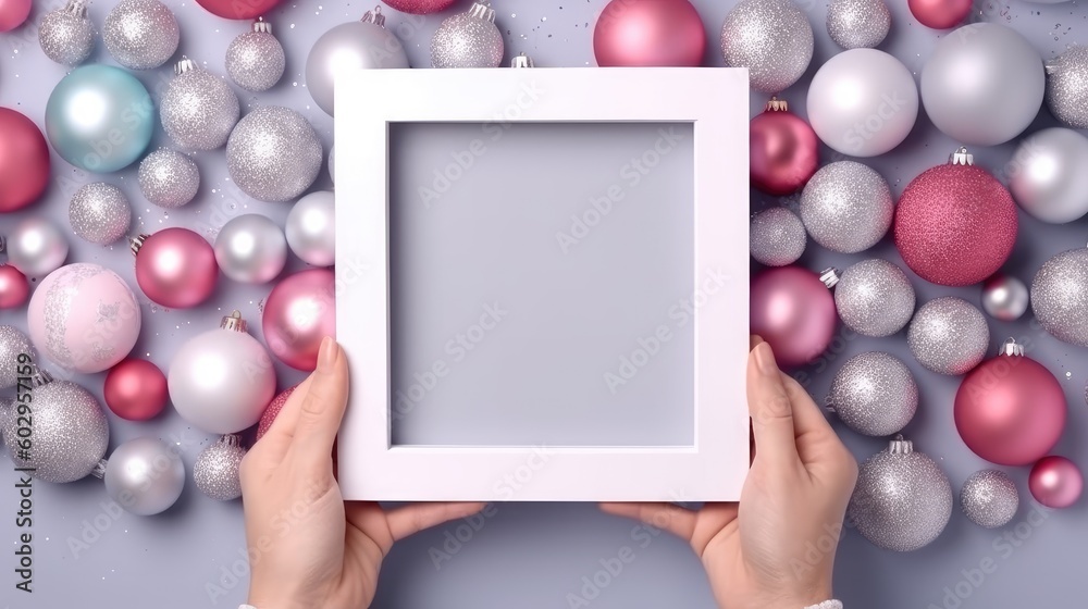 hands hold a frame against the background of christmas balls, winter, christmas, place for text hands hold a frame against the background of christmas balls, winter, christmas, place for text
