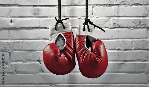 Hanging boxing gloves on a gray background