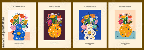 Vector set of art posters in retro style. Collection of art vector floral posters. Beautiful flower collection of posters with decorative flowers, roses, leaves, floral bouquets. Notebook covers

