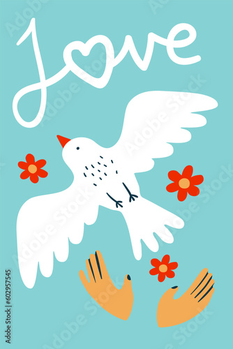 Peace card. Flying dove. White bird. Human hands and flowers. Peaceful pigeon. Love and blossoms. International holiday. Peacekeeping and humanism. Pacifism poster. Vector illustration