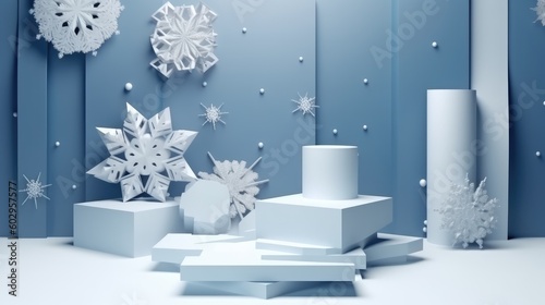 Sky blue 3d banner with snowflakes, winter. Winner stage, pedestal. The first place. Place for text. spotlight. Winter sale, discount poster. Christmas