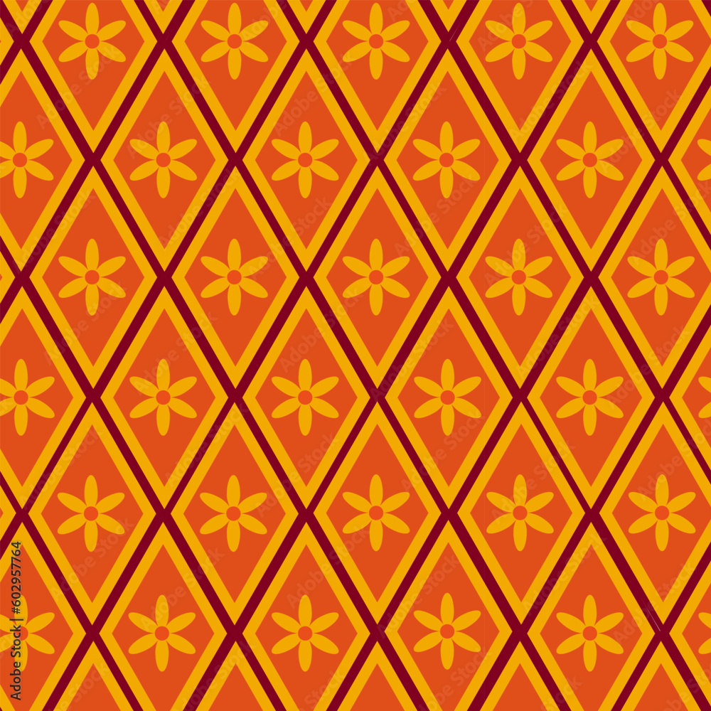 Retro yellow flowers seamless pattern on orange harlequin diamond shapes. For Fabric, wallpaper and home decor 