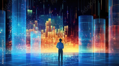 A man looks at the city of the future, high technology, high-speed Internet ​