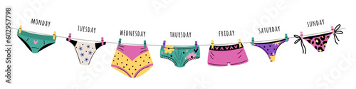 Underwear on rope. Girly lingerie. Color panties week. Female patterned bikinis. Washing and drying outdoors. Underpants attached with clothespins to laundry cord. Garish vector concept