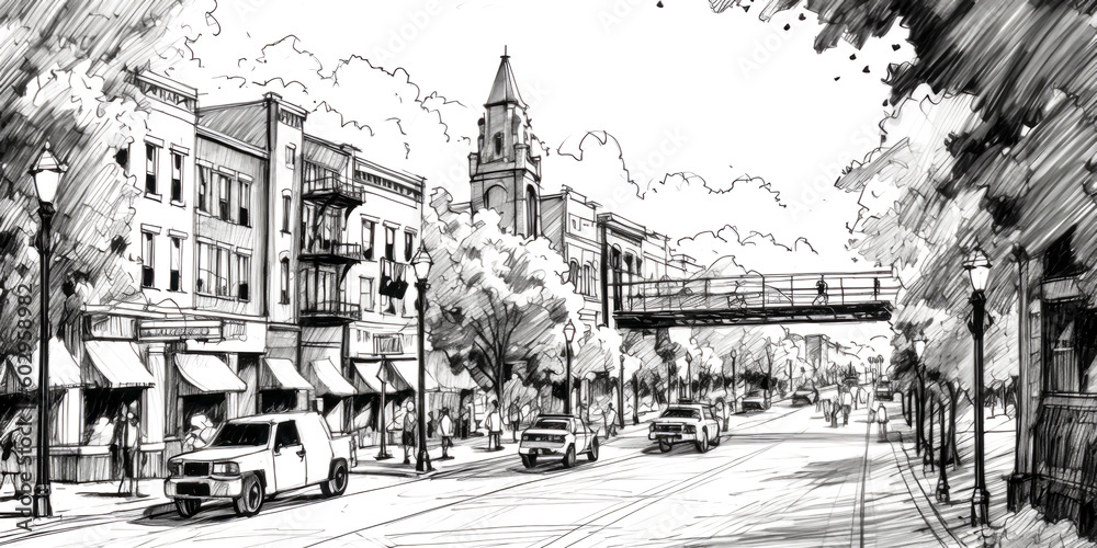 Obraz premium A Pen and Ink drawing of Liberty Bridge in Greenville, South Carolina was created - Generative AI.