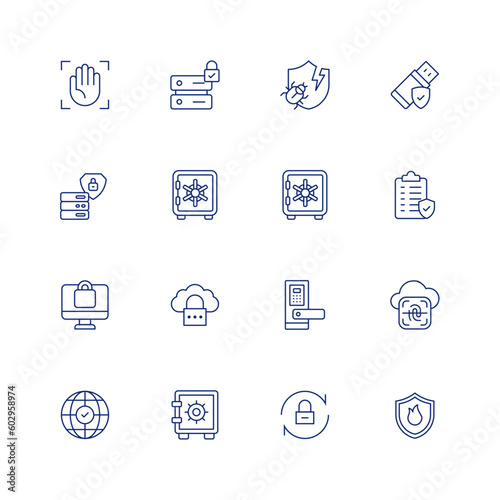 Security icon set. Editable stroke. Thin line icon. Containing palm, data security, shield, usb, safe box, prevention, computer, cloud, smart door, security, worldwide, safety box, reset, fire.