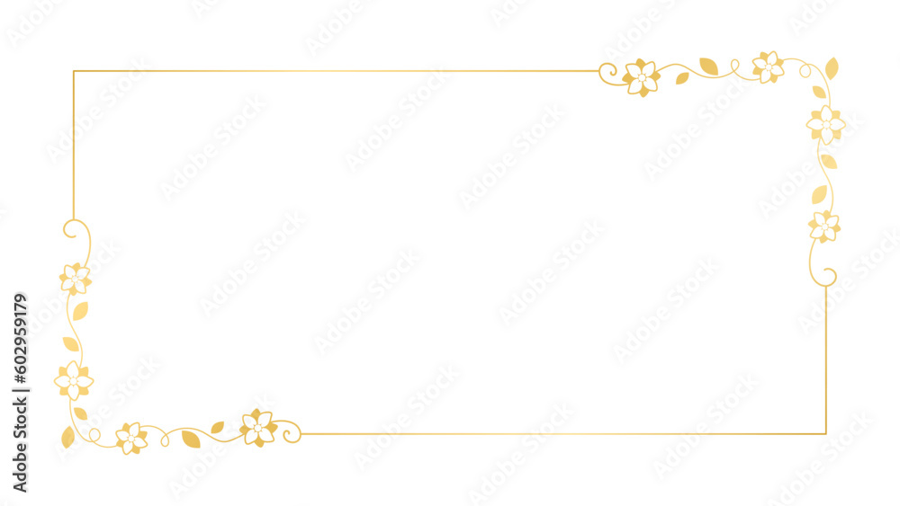 Gold floral rectangle frame. Simple line border, leaves and flowers, wedding invitation and cards, logo design and posters template. Elegant minimal style floral vector isolated Gold floral rectangle frame. Simple line border, leaves and flowers, wedding invitation and cards, logo design and posters template. Elegant minimal style floral vector isolated