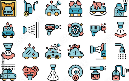 High pressure washer icons set outline vector. Car wash. Cleaner water thin line color flat on white
