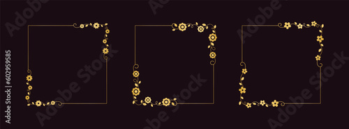 Botanical gold square frame set. Simple line border, leaves and flowers, wedding invitation and cards, logo design and posters template. Elegant minimal style floral vector isolated