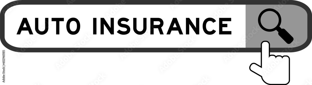 Search banner in word auto insurance with hand over magnifier icon on white background Search banner in word auto insurance with hand over magnifier icon on white background