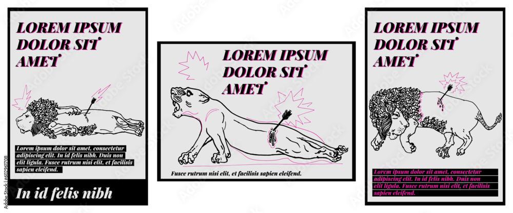 Recursos graficos de tres diseños con inspiracion de mesopotamia. Ilustraciones reales de esculturas clasicas de línea para estampados de camisetas, carteles, pegatinas. Leones y leona