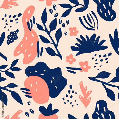 Seamless hand-drawn pattern with floral elements and organic shapes.