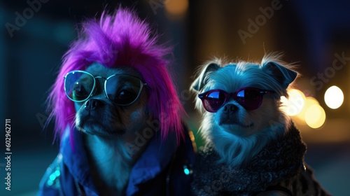 Punk rocker puppies with sunglasses on a night out looking for the coolest rave party to attend, hilarious and funny doggy friends portrait - generative ai photo