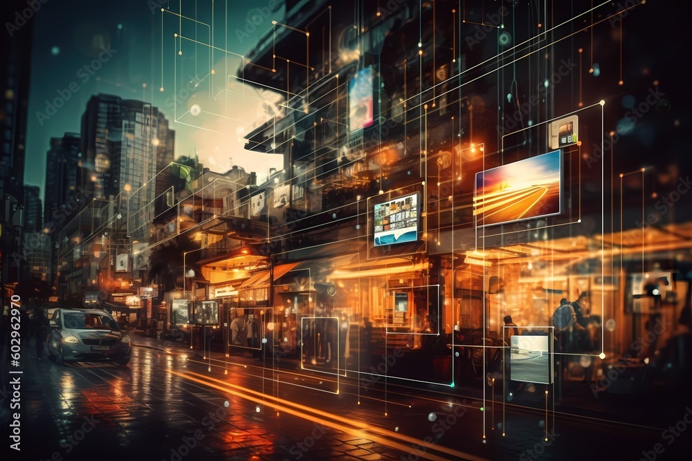 Conceptual photo illustrating the idea of the Internet of Things (IoT) through a city street scene where every element appears interconnected. Created with generative A.I. technology.