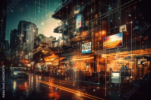Conceptual photo illustrating the idea of the Internet of Things  IoT  through a city street scene where every element appears interconnected. Created with generative A.I. technology.